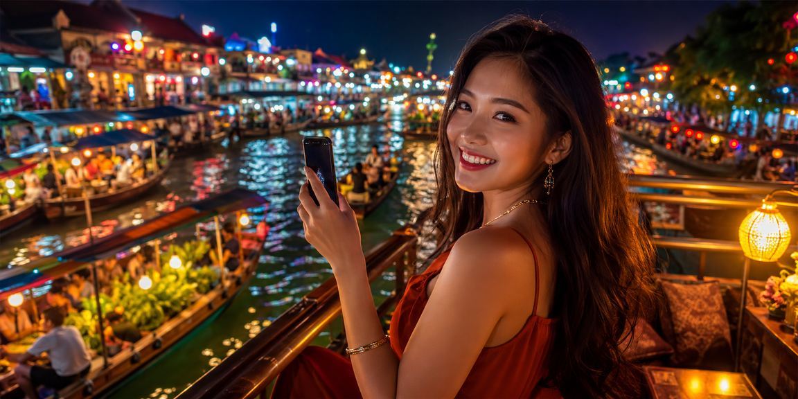 Người dùng Hà Nội chơi casino trên di động tại chợ đêm, ánh đèn lung linh