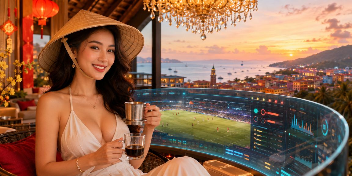 Người dùng Phú Quốc đội nón lá ngồi thư giãn và chơi game trực tuyến buổi tối
